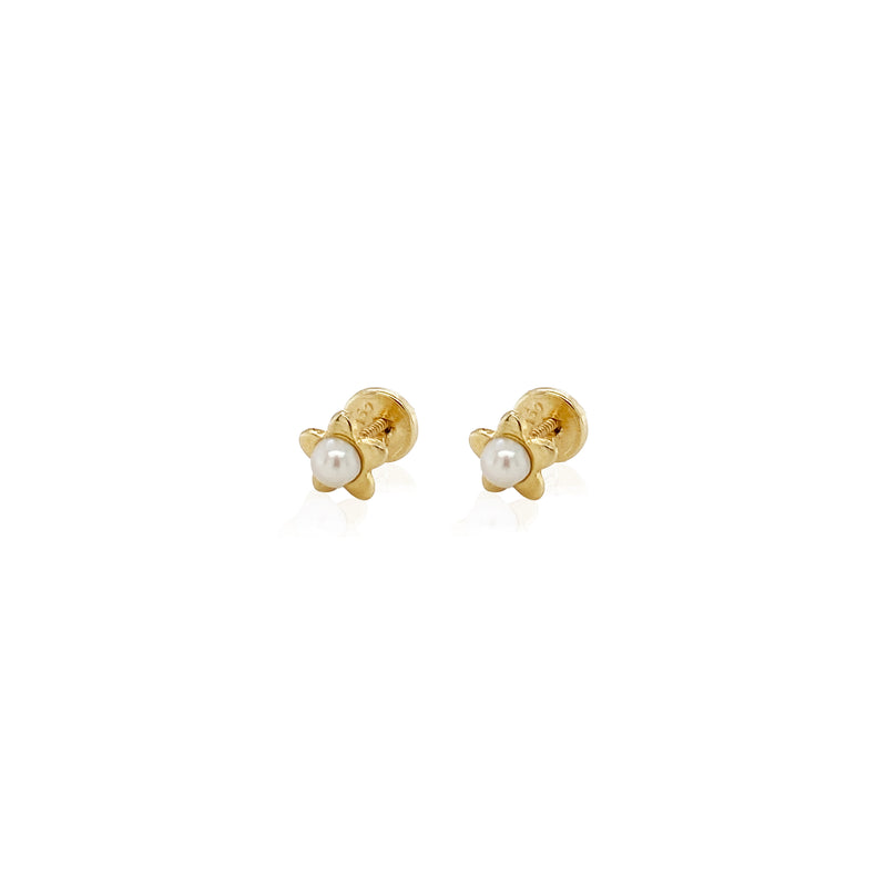 Flower Pearl Stud Earrings in 18K Yellow Gold