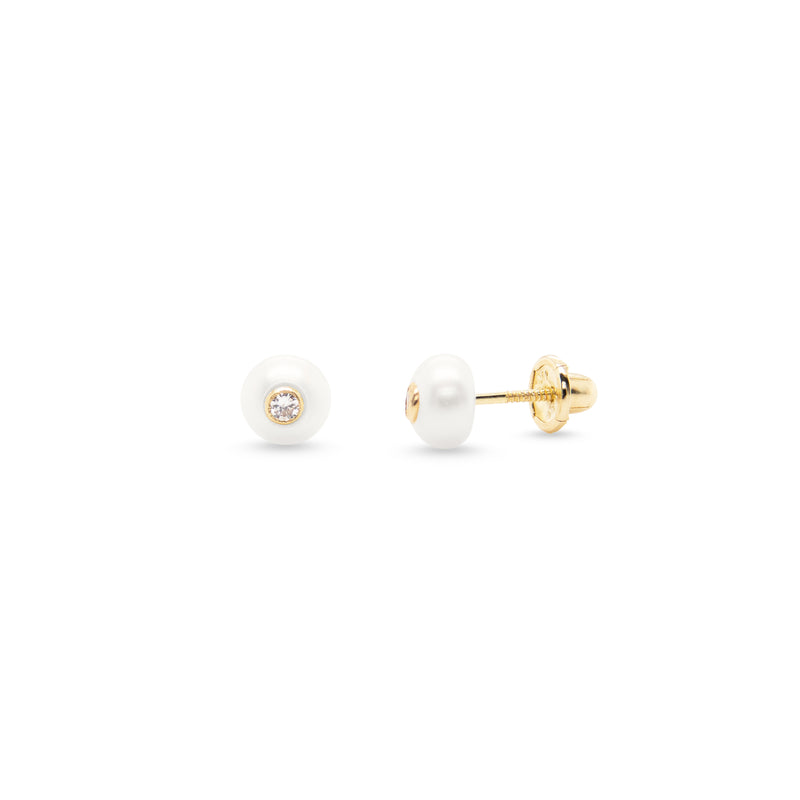Pearl with Cubic Zirconia Stud 14K Yellow Gold Earrings