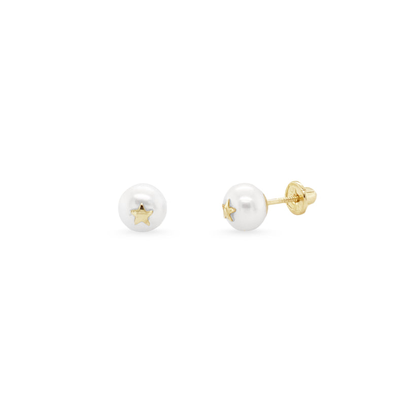 Pearl with Gold Star Stud 14K Yellow Gold Earrings