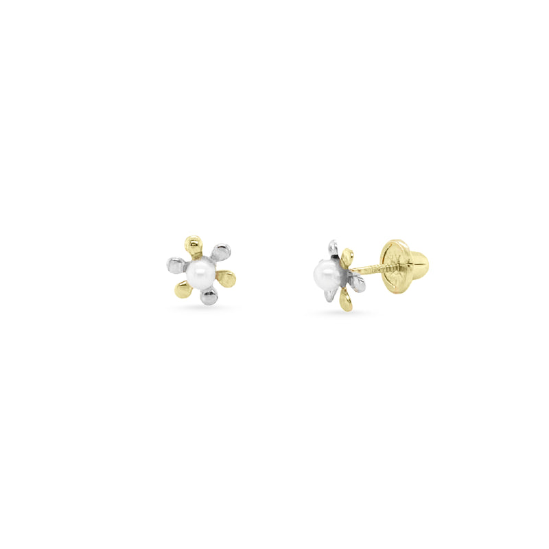 Pearl Flower Stud 14K Two Tone Gold Earrings