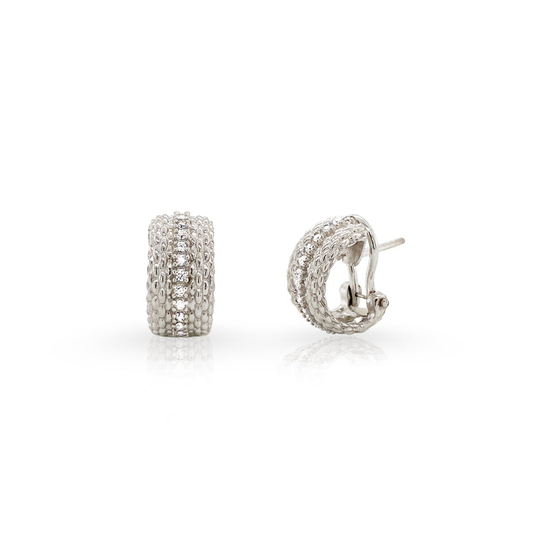 Polished Silver Mesh Hoop with Clear CZ Line Earrings