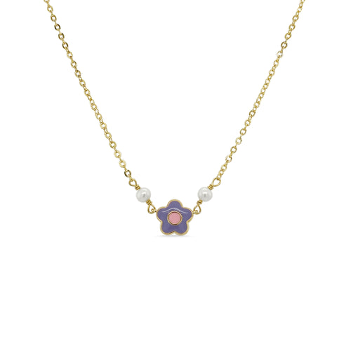 Enamel Flower with Pearls Gold Plated Necklace