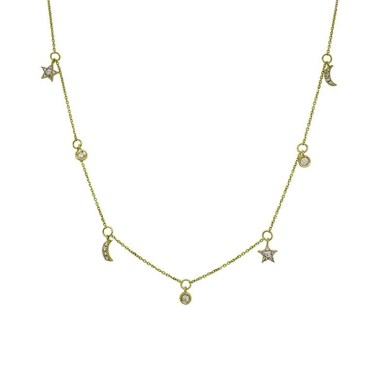 Diamond Star & Moon Charm Necklace