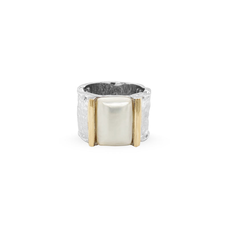 Rectangular Pearl Hammered Silver Band