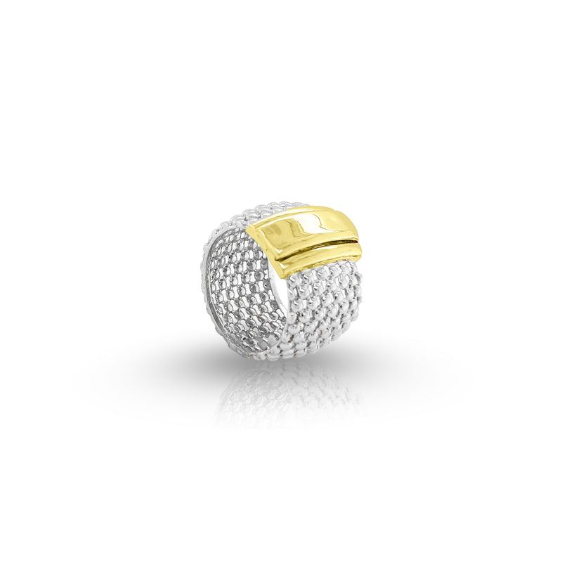 Basket Weave Silver Ring with 18K Yellow Gold
