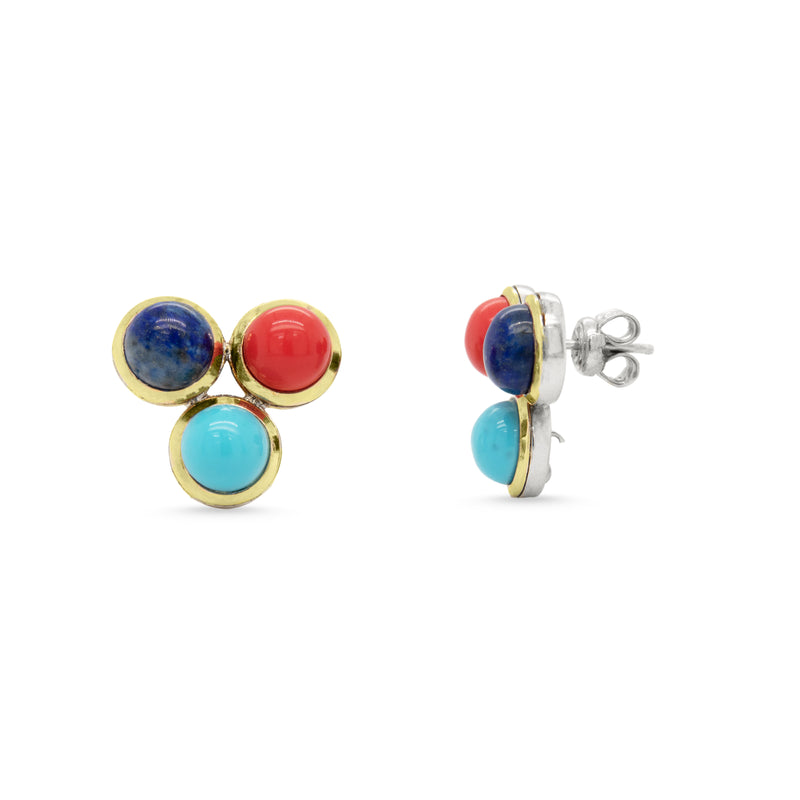 Triple Stud Earrings with Coral, Turquoise and Lapis Lazuli